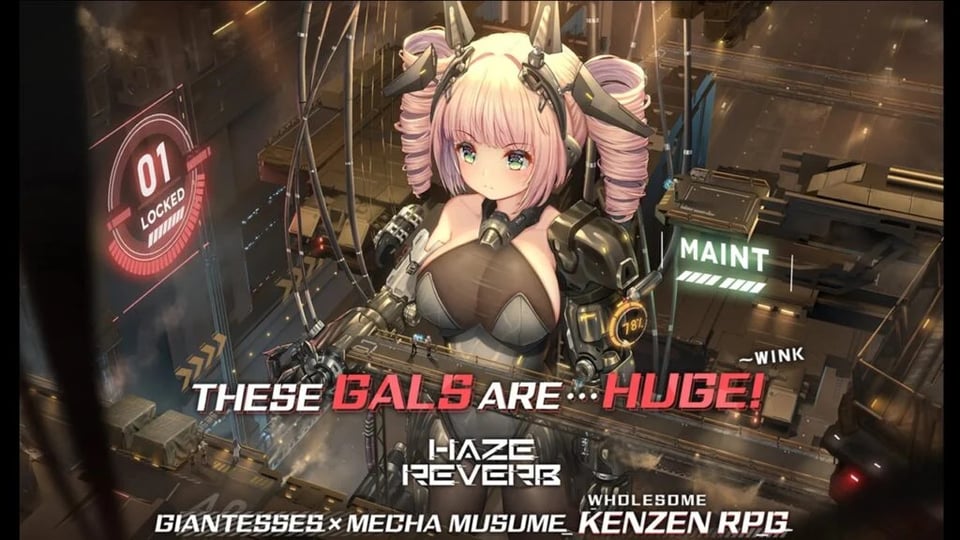 Anime-style illustration of a young giantess with pink pigtails and enormous breasts being suited up in a mecha, in an enormous futuristic hangar.