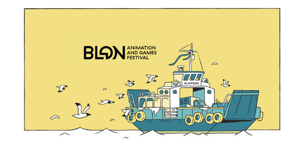 BLON Animation and Games Festival logo alongside an illustrated Klaipėda ferry surrounded by flying seagulls on a yellow background.