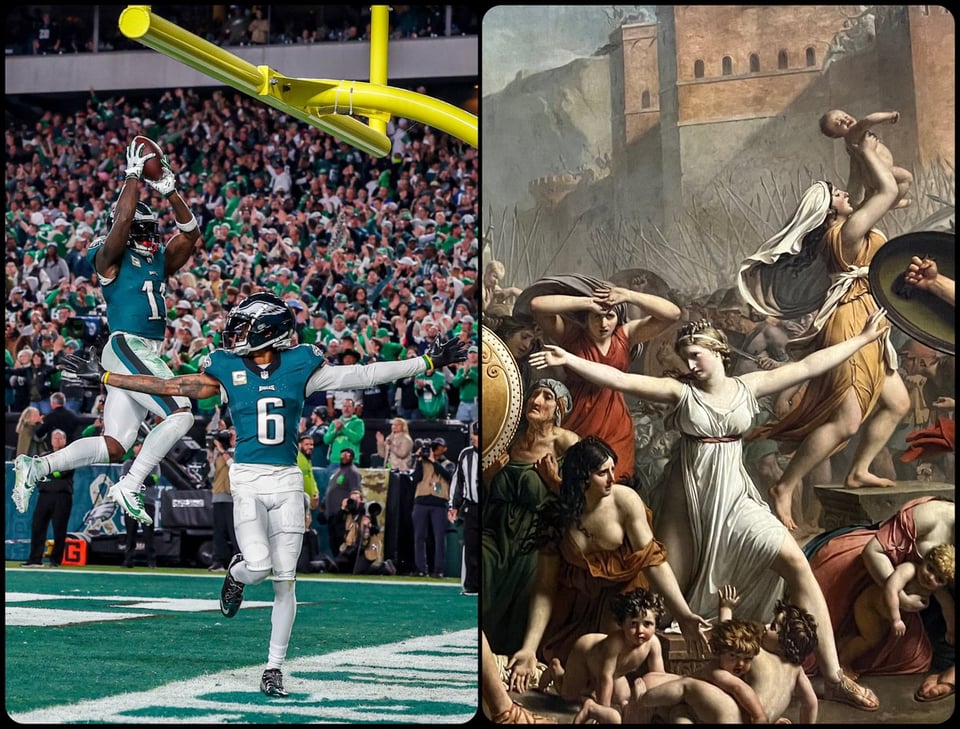 Image described in caption: football players celebration looks like the accompanying painting