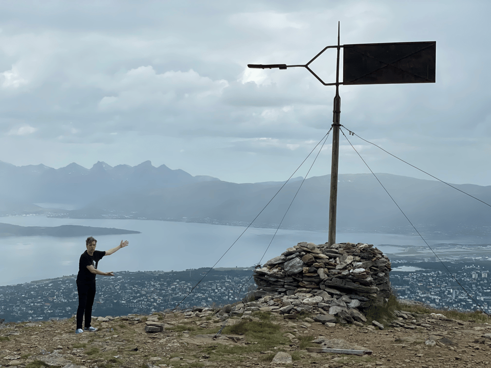 A small figure points at a metal flag floating about a town on a fjord