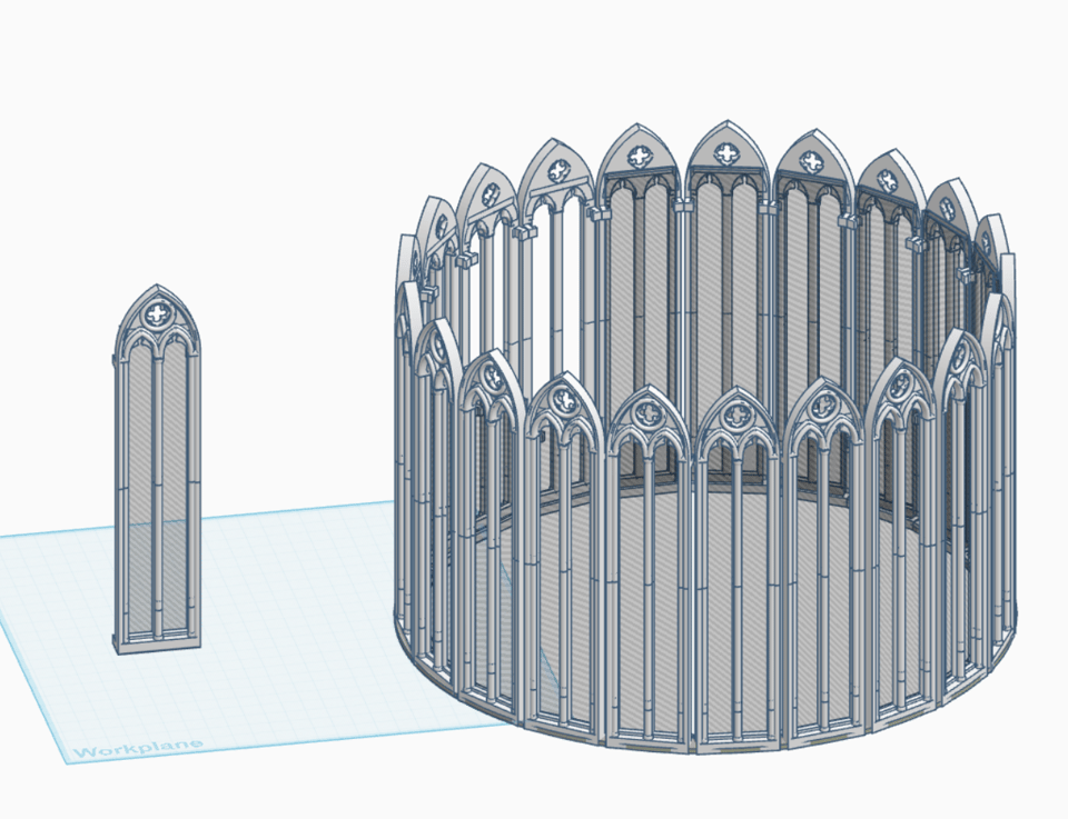 A screenshot of a 3D design of the lampshade, made up of gothic windows standing in a circle.