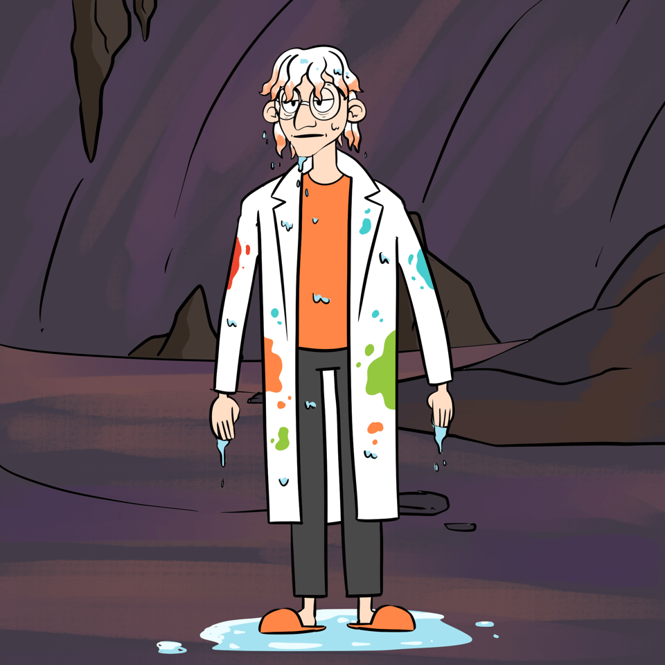 Dr Splatterjacket standing in his cave while soaked head to foot.