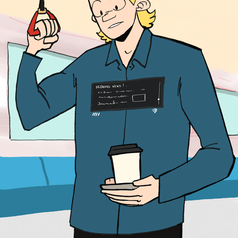 A man is standing on a train hanging on to a handle while holding a coffee cup in his other hand. On his shirt there is a screen showing breaking news.