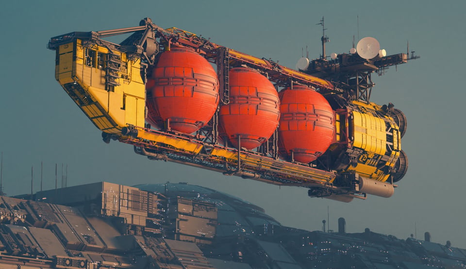 Yellow Sapceship hanging in the sky huge red tanks and very oilrig like in appearance