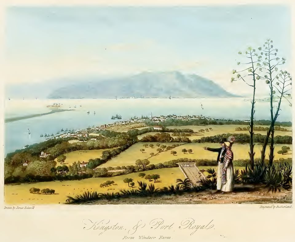 An illustration of a man, pointing, and a woman looking down from a hill on fields and a port. The shadow of another island lies across the water in the distance.