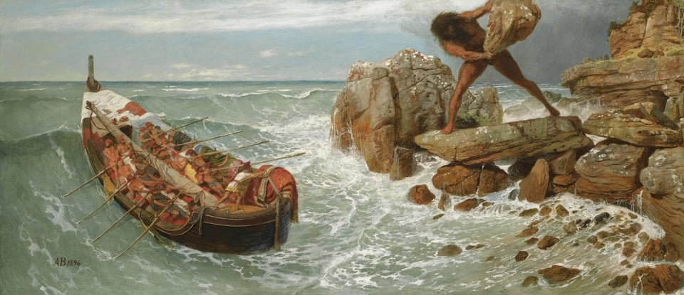 Wikimedia Commons: "Arnold Böcklin’s original training as a landscape painter shines through in this unconventional interpretation of an episode from the ancient Greek epic poem the Odyssey. Crashing waves meet jagged rocks in a spray and scurry of foam. Escaping from the island of the Cyclopes—one-eyed, ill-tempered giants—the hero Odysseus calls back to the shore, taunting the Cyclops Polyphemus, who heaves a boulder after the boat. Unlike Academic colleagues who treated ancient mythology with reverence and solemnity, Böcklin often played up strange, grotesque, and even ridiculous elements of these stories, conjuring a pre-Classical world governed by violence and lust."