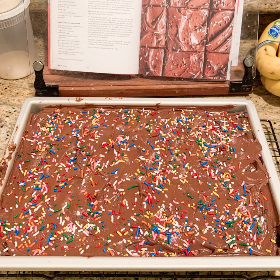 A chocolate frosted sheet cake with sprinkles on a counter