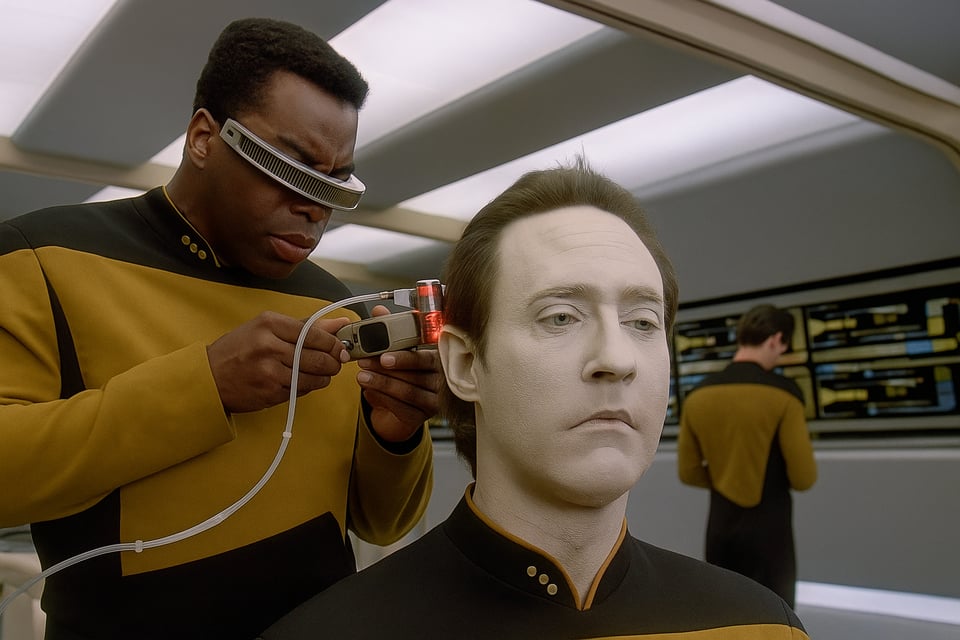 Still from an episode of Star Trek: The Next Generation where humanoid robot Data is connected to the ships computer. He is being assisted by Lieutenant Geordi La Forge