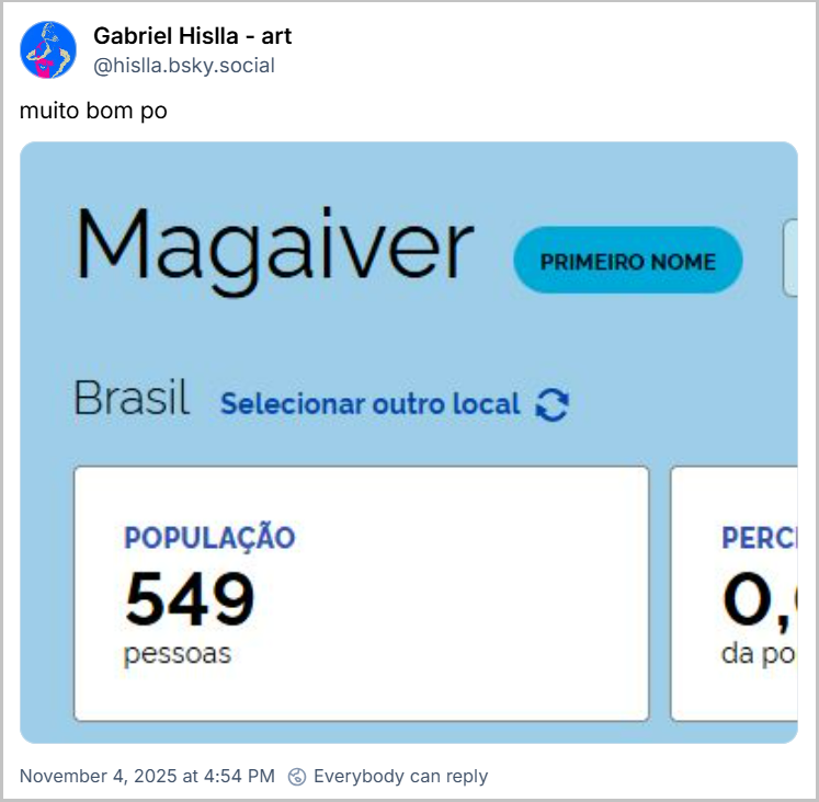 Post de Gabriel Hislla - art (@hislla.bsky.social) com o texto: muito bom po (Print de tela do site IBGE sobre o nome “Magaiver”)