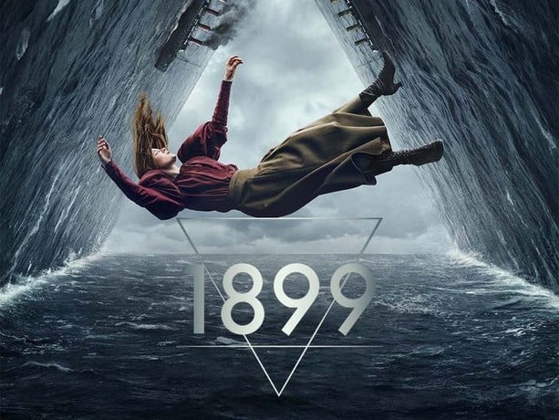 Poster for 1899, featuring a falling woman inside an impossible triangle of ocean and twin streamships