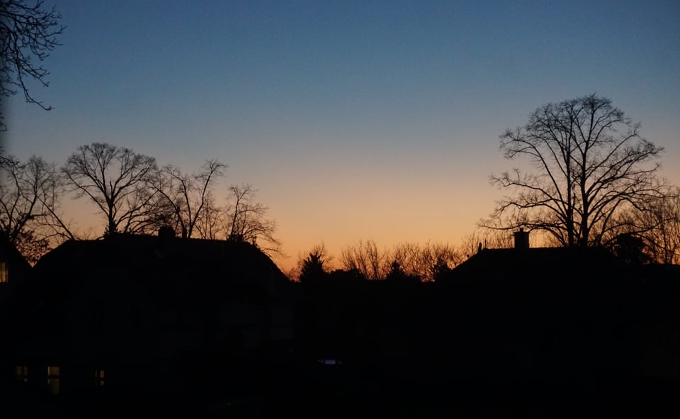 There is a orange silhouette made just above a few houses around sunset time. The houses themselves are dark and the sky goes from orange right above them to blue-ish gray at the top. There are some naked trees providing a nice detail to the picture with the sky visible through them