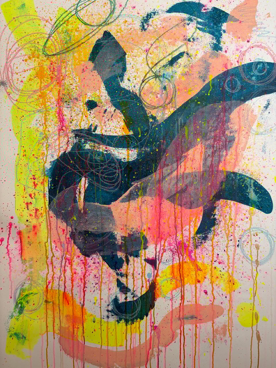 This is Anna Schmunk's latest work in progress art piece, with lots of drippy paint and the colors light pink, teal, fluorescent yellow and fluorescent pink.