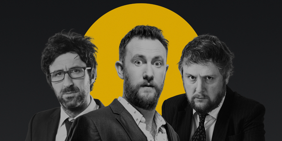 Mark Watson, Alex Horne and Time Key in front of a yellow circle.