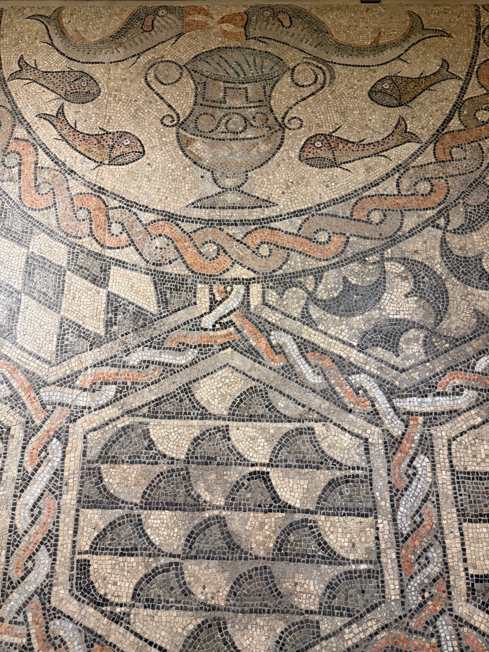 detail of 6th century Roman mosaic, with fish & grail imagery