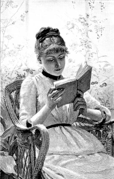 19th century engraving of a pretty young lady sat in a wicker chair reading her book; Victorian women and literature 1890 stock illustration Women, Reading, Victorian Style, Book, Old-fashioned