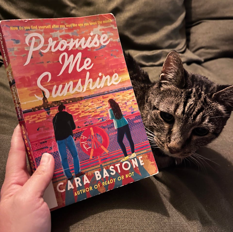 A paperback library book is posed in front of a gray and black striped tabby cat on a couch.