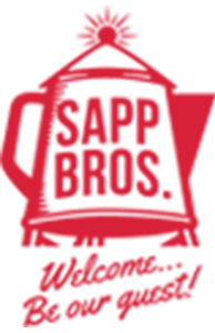 the sapp bros logo a red illustration of a coffee pot on stilts