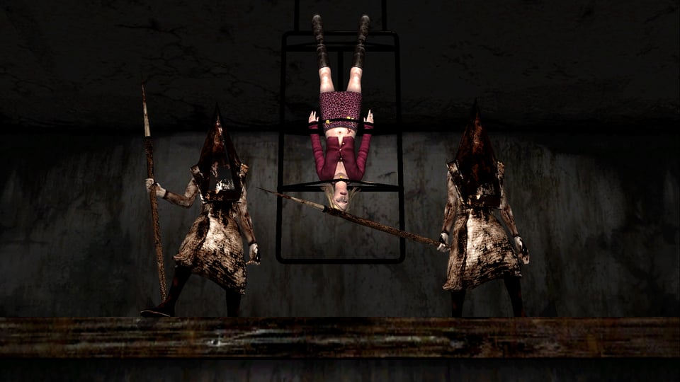 Two Pyramid Heads standing beside a bound and suspended Maria
