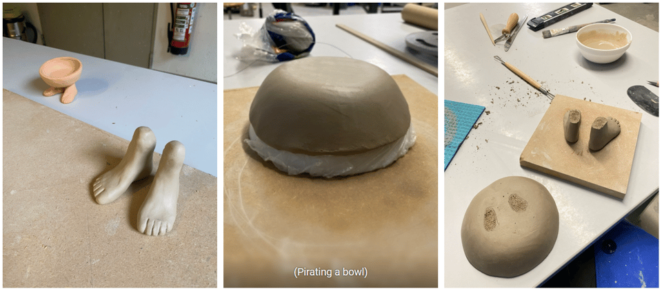 A collage of 3 photos: the clay feet and a small footed bowl in the background; a clay slab draped over a bowl with the caption "Pirating a bowl"; and the bowl and feet, their connection places scratched, ready to be assembled