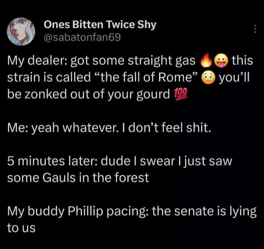 Twitter screenshot from @sabatonfan69: My dealer: got some straight gas. This strain is called "the fall of Rome". you'll be zonked out of your gourd. Me: yeah whatever. I don't feel shit. 5 minutes later: dude I swear I just saw some Gauls in the forest. My buddy Phillip pacing: the senate is lying to us