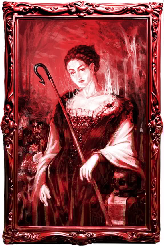 A red black and white digital painting of a woman with a strange fleshy texture. She holds a hooked scepter in an arm she rests atop of a skull. She is dressed in the clothes of powerful nobility and sits in front of a strange dreamlike landscape of flowers and trees