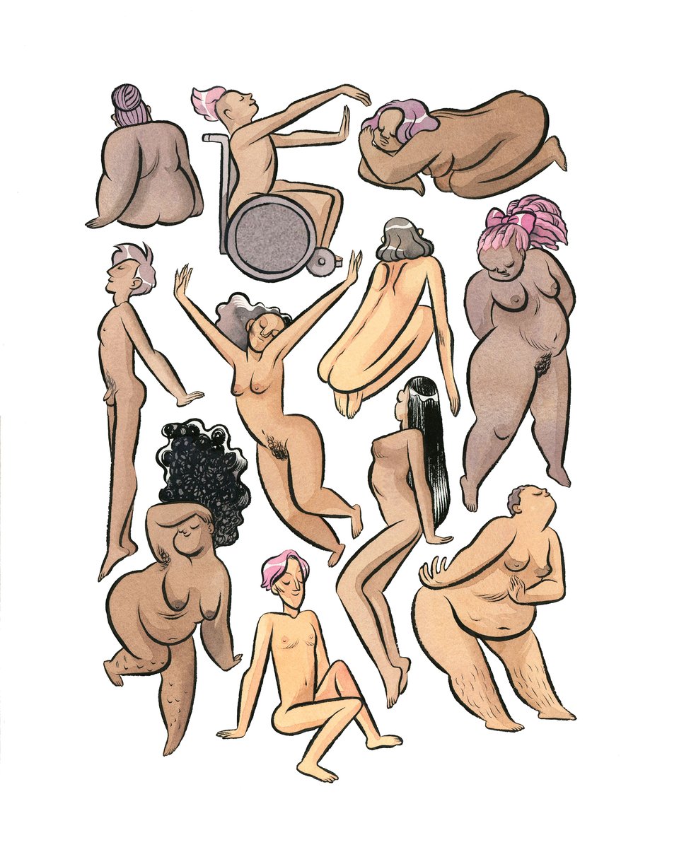 Image of many different body types from a piece of art by Kelly Bastow called "Flock," in my book Body Talk. Each body is dancing joyfully nude.