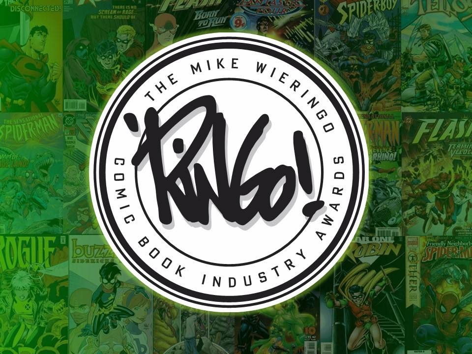 The logo for the Mike Wieringo Comic Industry Awards: a circle with Mike Wieringo's signature in the middle. Around the inner circumference of the circle is the name of the award. Behind the logo is a collage of comic covers done by Mike Wieringo.