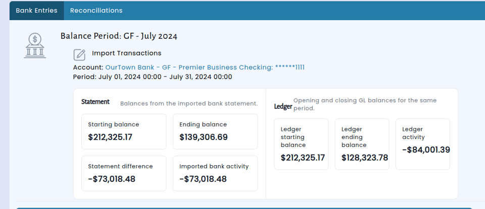 View of account balance header for July 2024 showing bank transaction and GL transaction balances
