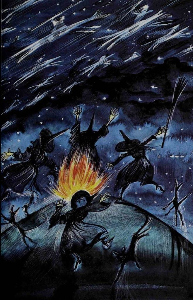 Painting of witches dancing round a bonfire on the top of a hill. In the sky are white creatures, some with riders on their back.