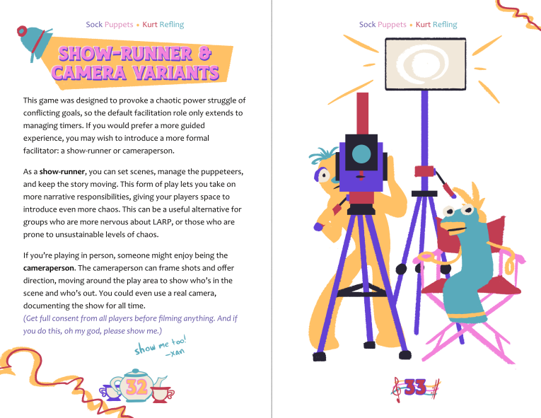 There's text, but this is being shared for the image. Two puppets look towards the viewer. One is a yellow muppet holding the camera and peering into the lens. One is a sock puppet on a red director's chair. A light shines in the background.