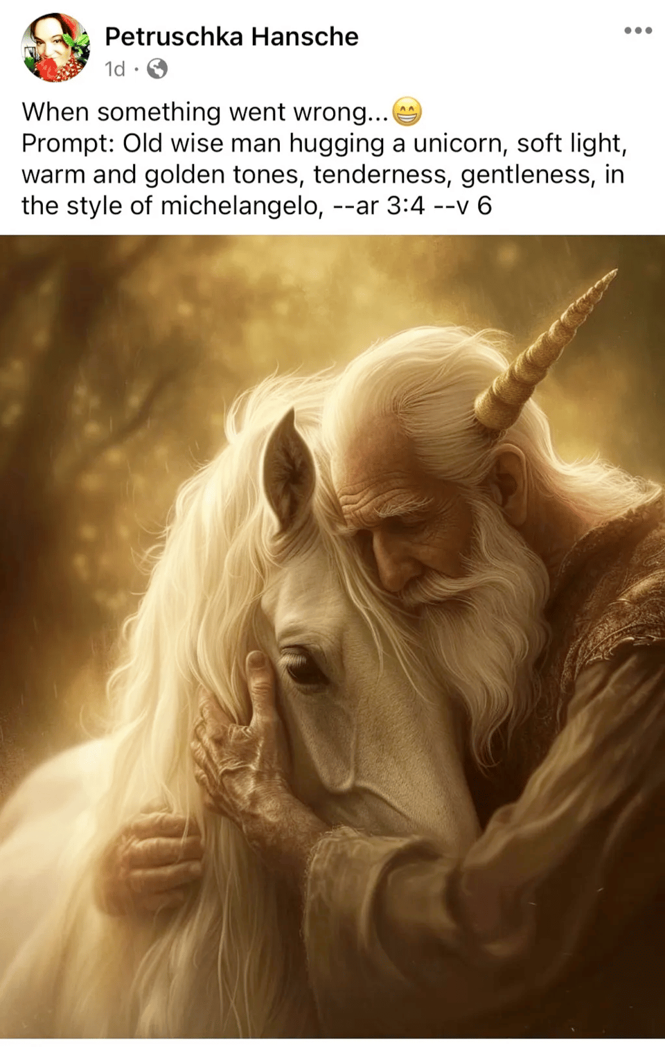 Tweet from Petruschka Hansche showing her prompt: Old wise man hugging a unicorn, and the generated image: an old man and a unicorn embracing, but the unicorn's horn is coming out of the side of the man's head, and his arm passes through the unicorn's body.
