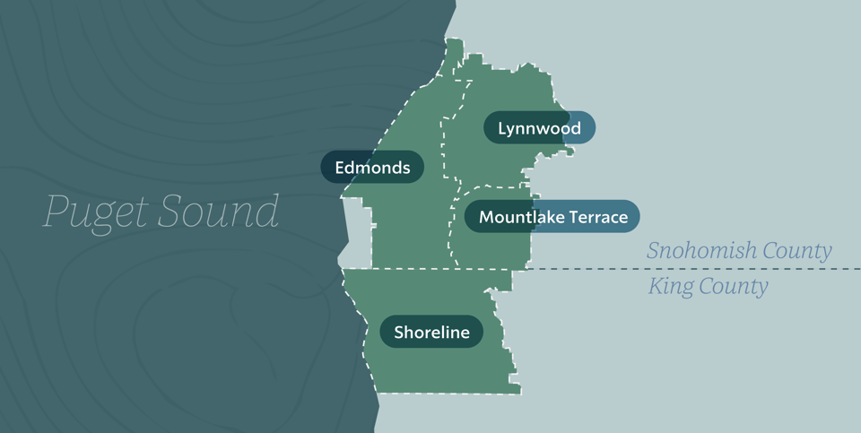 a map of the Puget Sound area, highlighting Edmonds, Lynnwood, Mountlake Terrace and Shoreline