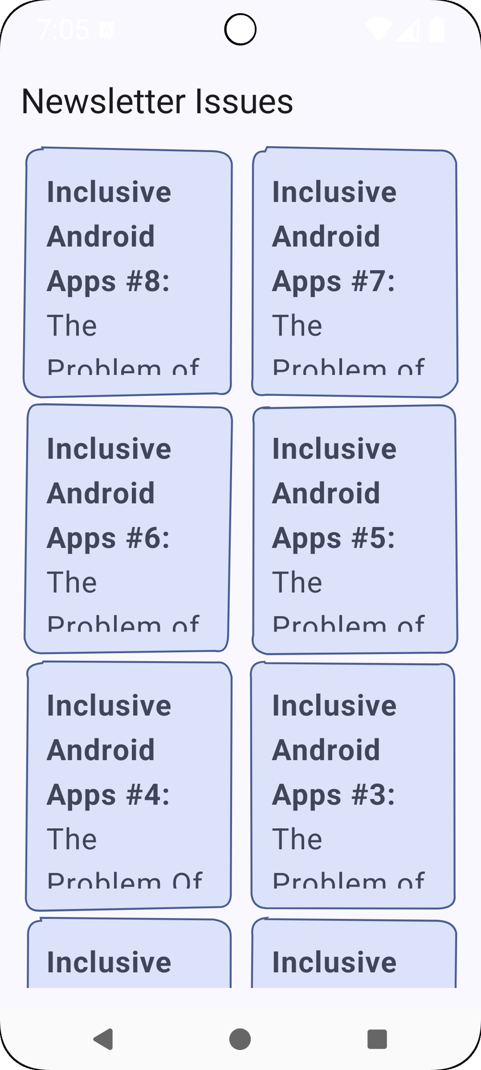 List of cards on two columns, each of them has the pattern of "Inclusive Android Apps", the number of issue, and then text that cuts of after "The problem of".