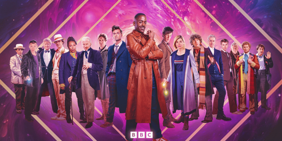 All the Doctor's incarnations standing in front of a purple background
