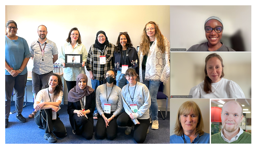 Alt: A group picture from CW25 with four people sitting on the floor, six people standing behind - screenshots of four people have been edited next to the group picture. People's names are listed below.