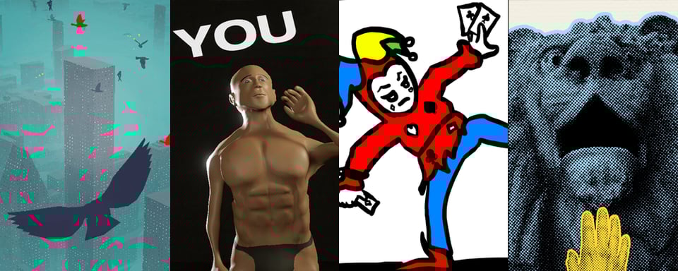 A mosaic of screenshots showing 4 games: Pigeon: A Love Story, Get Yoked, Joker Jailbreak, and Something to Reach For