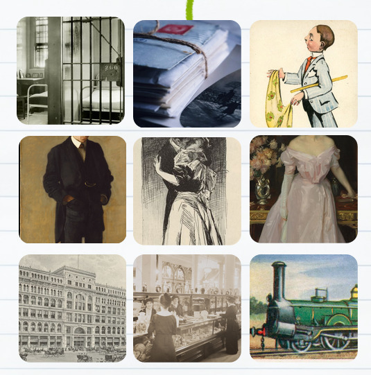 A moodboard with nine images: a jail cell, a stack of letters, a cartoon of a man holding a piece of fabric, a portrait of a person in a suit, an engraving of a person in a suit and a person in a gown kissing, a Sargent portrait of a person in a gown, an engraving of a department store, a photo of workers in a department store, and an illustration of a train.