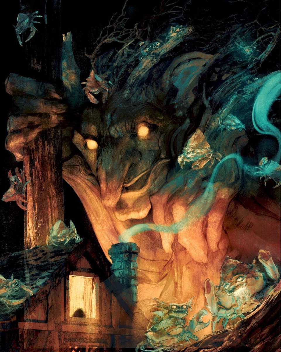 a massive troll looking at a cabin in the woods with little goblin crabs crawling all over him