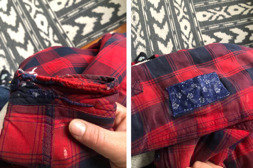two photos of repairs made to a red-and-blue plaid jacket: heavy rows of parallel stitching over the frayed cuff, and a blue rectangle patch with floral print over the ripped elbow.