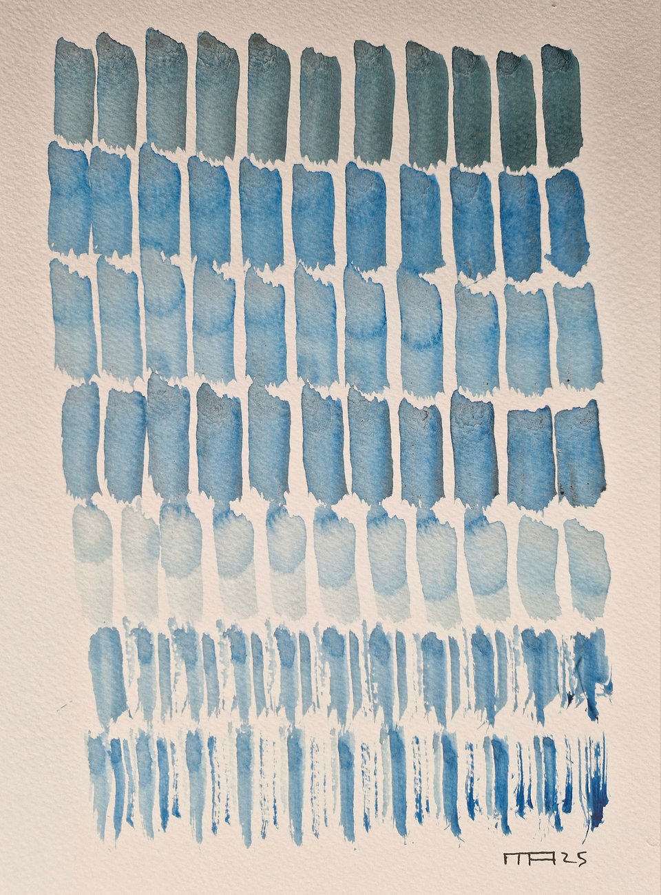 A painting by Matt Atkins, that is the cover for Habitual Syrup, an album by Aonghus McEvoy and Phil Maguire. It is an abstract painting of blue marks, painted in a rough grid.