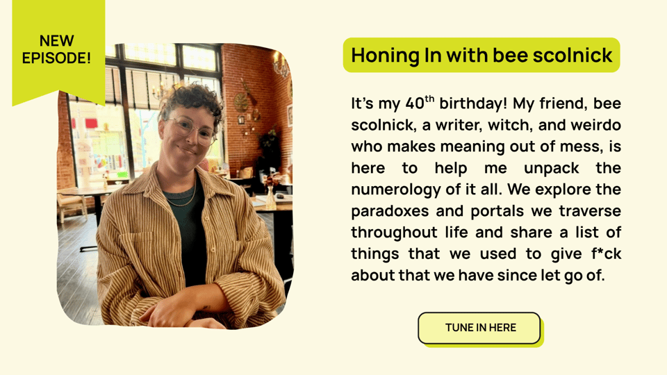 New Episode announcement. Photo of the numerologist bee scholnick and an invitation to tune into the episode.