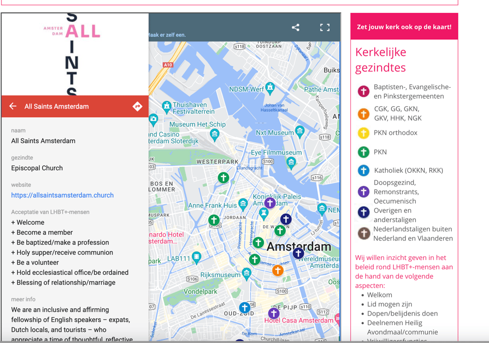 Screenshot showing three columns on a webpage. The lefthand column is an entry for All Saints showing listing the criteria we meet, the middle is a map of Amsterdam with crosses in various colors, the right is a key to the colors. We are dark blue, "overigen en anderstaligen."
