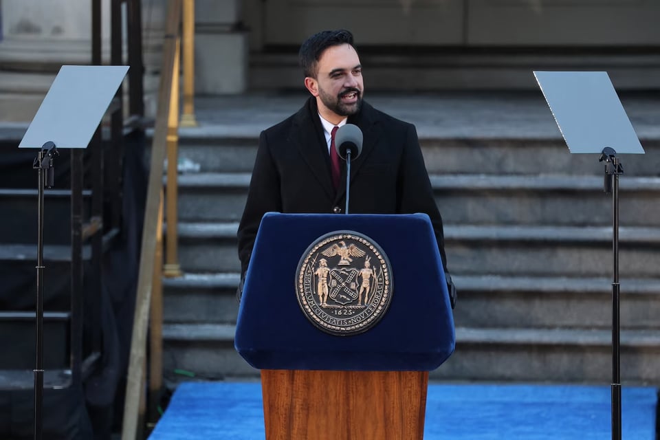 New York mayor Zohran Mamdani speaks during his public inauguration ceremony followed by a block party at City Hall in New York on January 1, 2026.