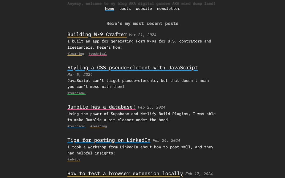 The blog with each post's heading underlined with a different color