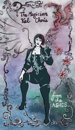 Ninefox Tarot: 1. The Magician: Kel Cheris with a wing against a backdrop of the four elements and the text "from the ashes"