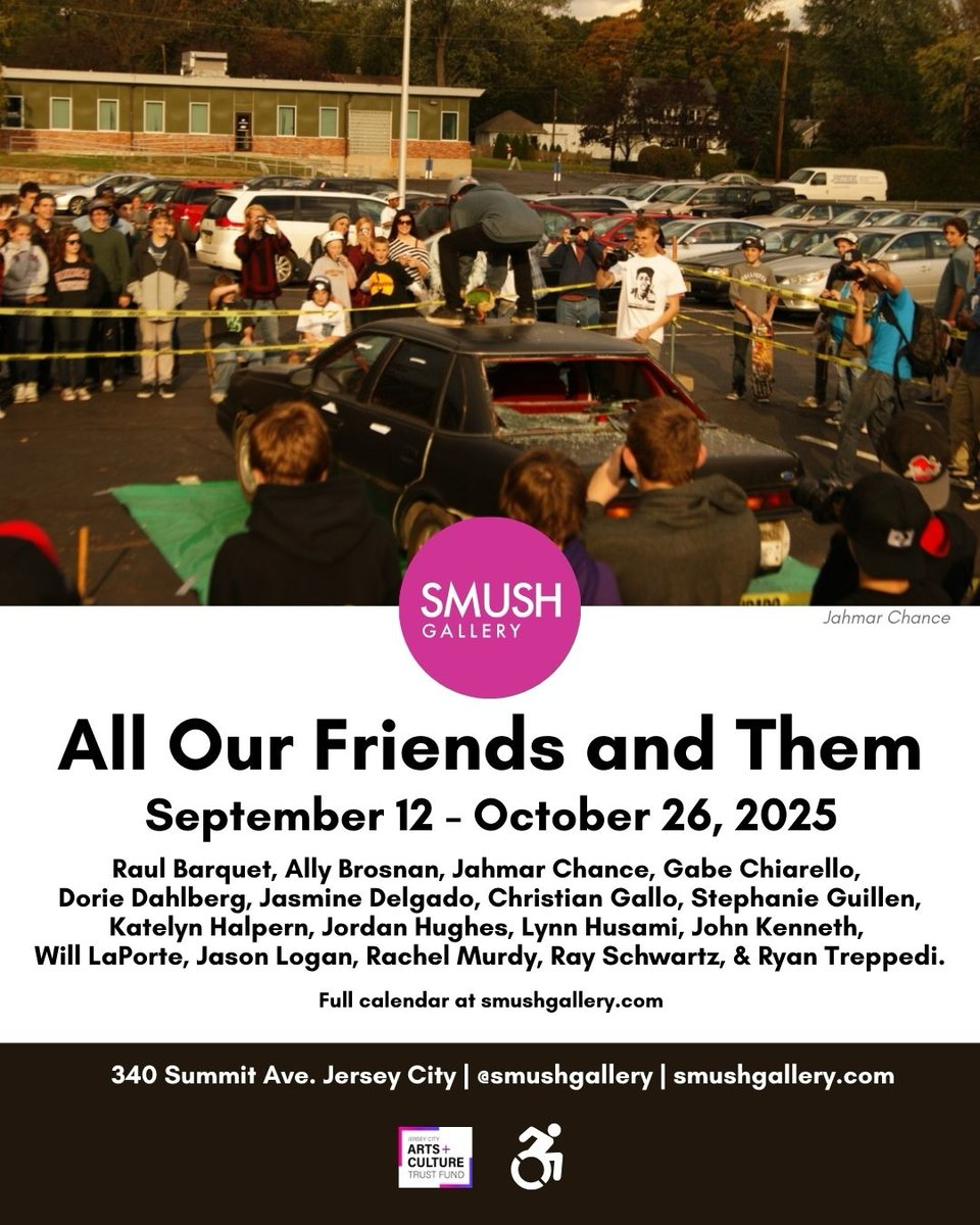 A flyer for the exhibit 'All Our Friends and Them' at Smush Gallery, on view until October 26th, 2025.