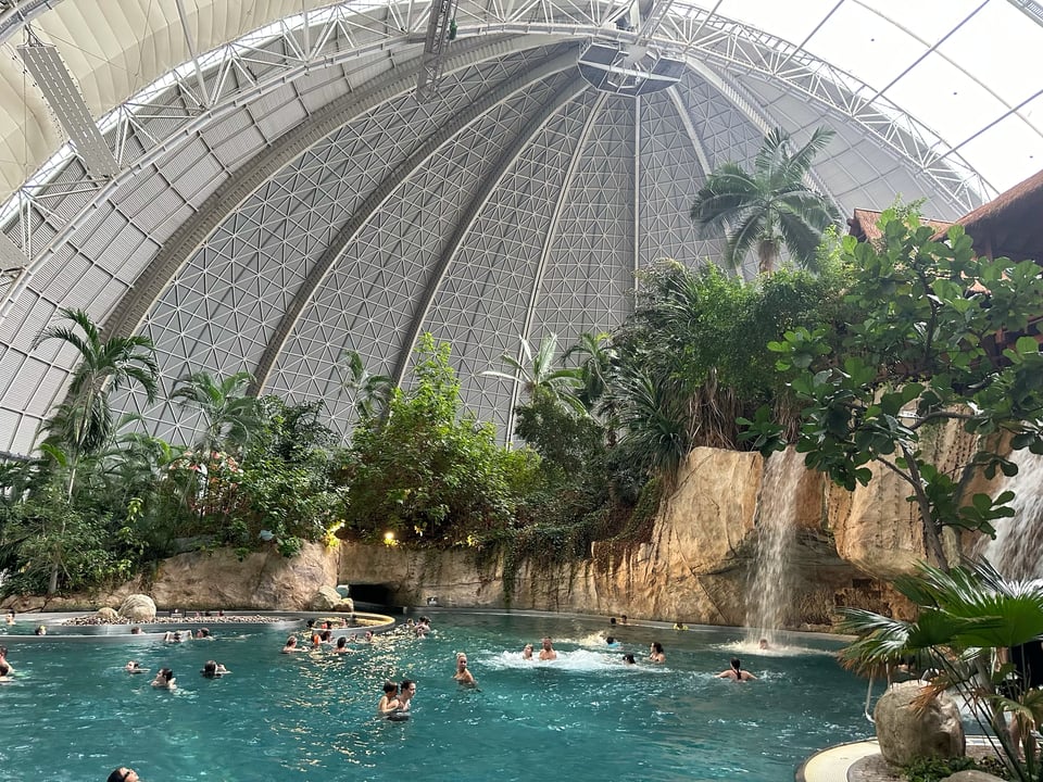 A tropical looking pool flanked by a cliff and palm trees. The hemispherical end-cap of the former airship hanger is visible just beyond the palm trees.