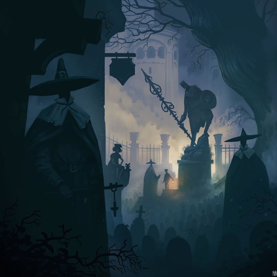 A painting of a citadel cemetery, 3 tall silhouettes are protecting two children, which are the prince and the princess of this place. In the middle of the cemetery a statue from a fallen knight, one of the tall figure is explaining to the prince who was this person. The princess is sitting next to what seems to be some kind of tavern entrance, she might find the time at the cemetery a little bit long. Her teddybear is by her side. The mood of the painting is dark, eery and mysterious. Colors are blueish and yellow.