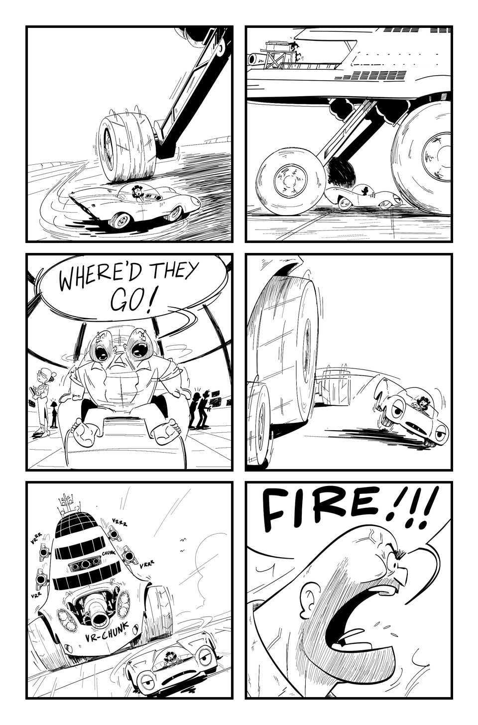 Worldracers Pg 9. Panel 1, Racecar takes a sharp turn under the wheel of the giant yacht car. Panel 2, Racercar hide riding under the yacht car. Panel 3 Marc the billionaire, looks around yelling, "Where'd they go!" Panel 4, Racecar zips out from under the yacht car. Panel 5, Racecar pull ahead of the yacht car. The Yacht car's guns swivel to it. Panel 6, Marc the billionaire screams, veins popping in his temples, "FIRE!!!"