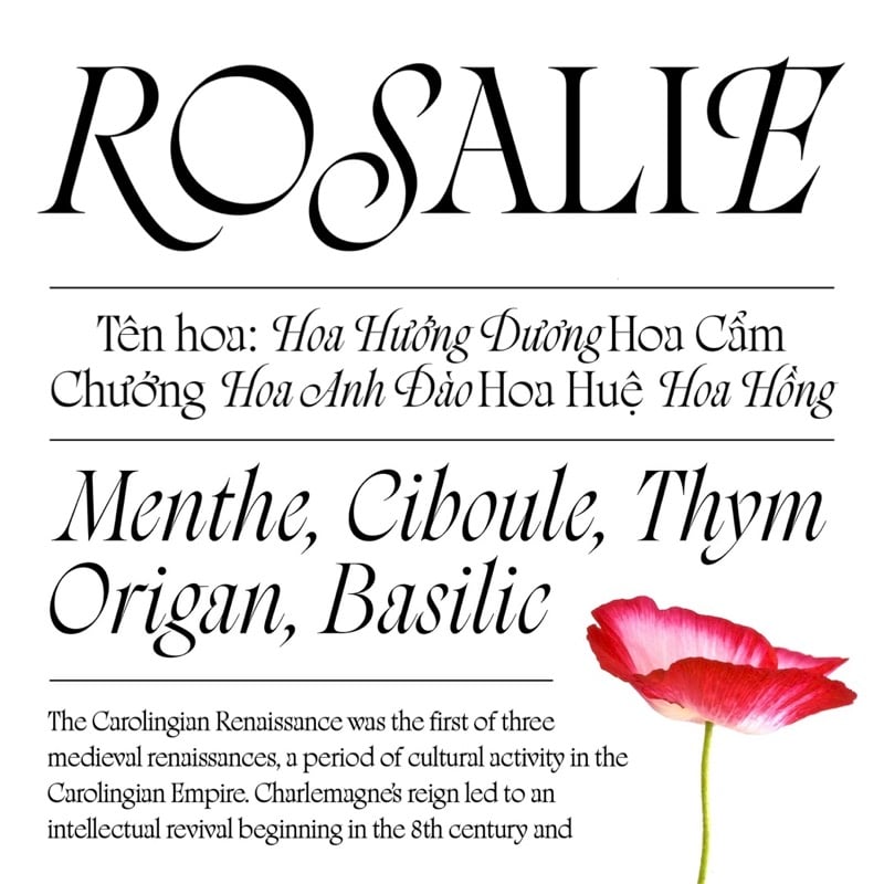 Rosalie, by Sharp Type My-Lan Thuong. Made with Font Proofer.